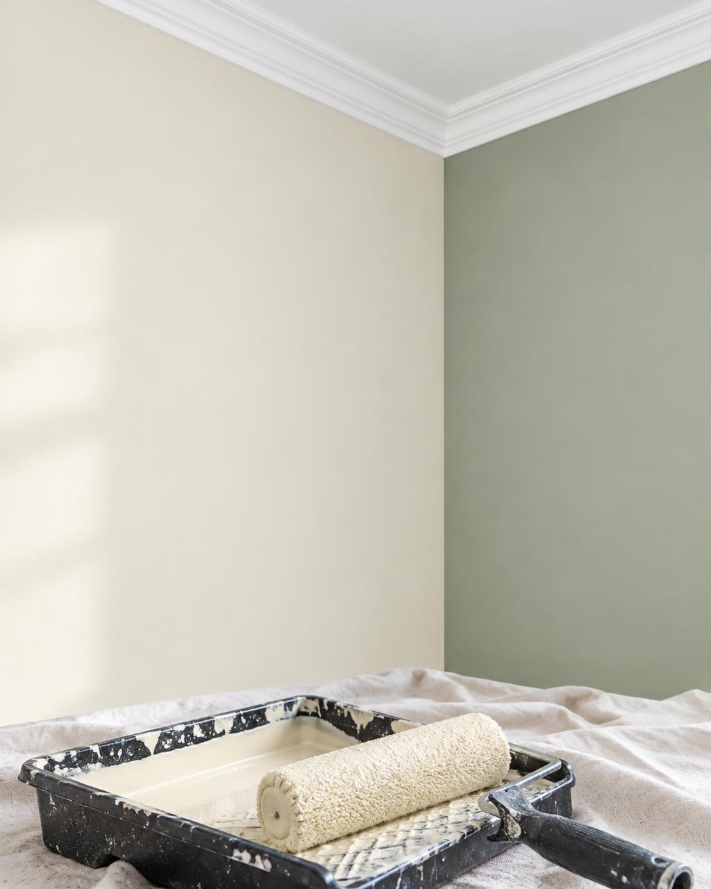 Illustration temporaire · pas un chantier CAREN Murs peints, moulure et rouleau de peinture — illustration temporaire, pas un chantier CAREN